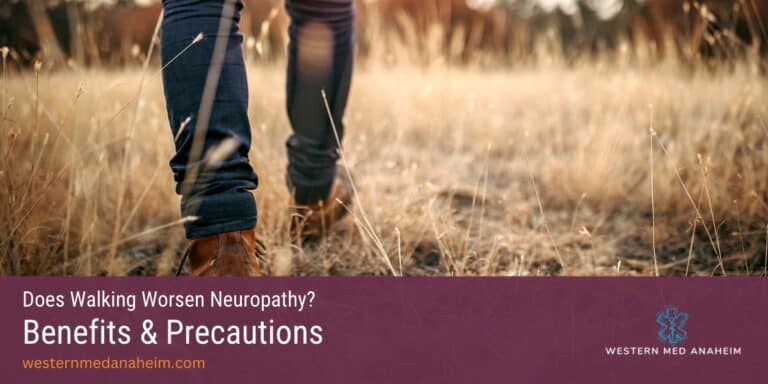 Image of person walking on a path with trees in the background. Information on how walking affects neuropathy